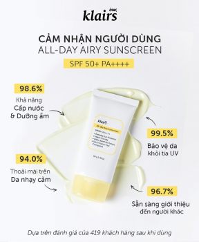 Kem Chống Nắng Klairs Ẩm Mượt, Làm Dịu Da 50g All-day Airy Sunscreen SPF50+ PA++++